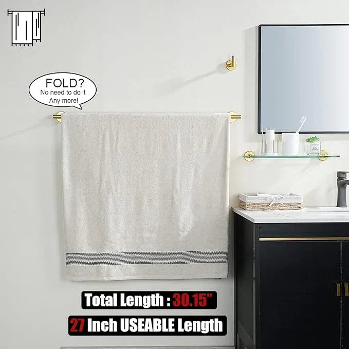 JQK Gold Towel Bar, 30 Inch 304 Stainless Steel Thicken 0.8mm Towel Rack Bathroom, Towel Holder Brushed Golden Wall Mount, Useable Length 27 Inch, TB110L27-BG - ModernBath