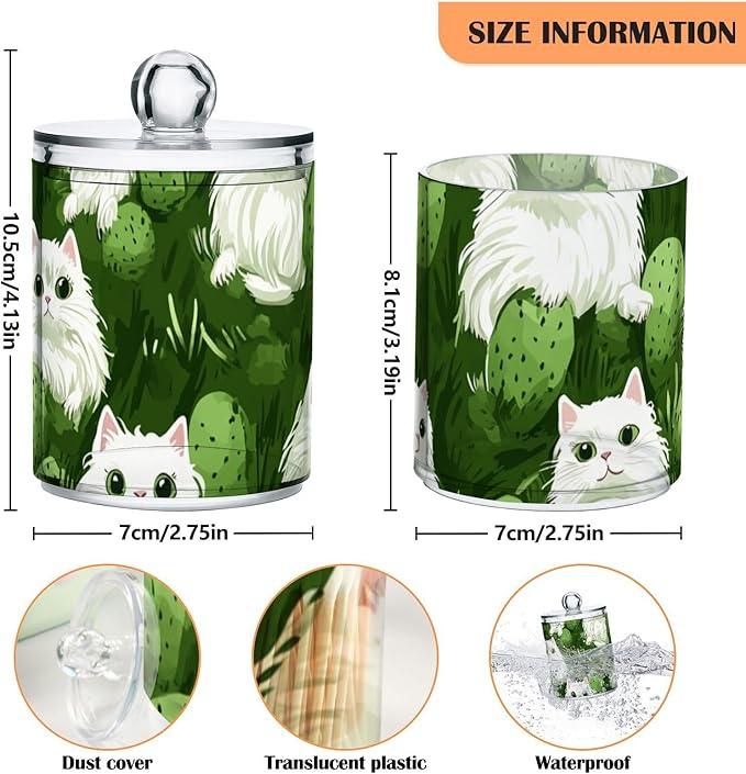 Tatenale Qtip Holder Bathroom Set Q tip Cotton Ball Swab Pad Dispenser Container Organizer Plastic Jars with Lids Storage 2Pack Green Cat and Cactus - ModernBath
