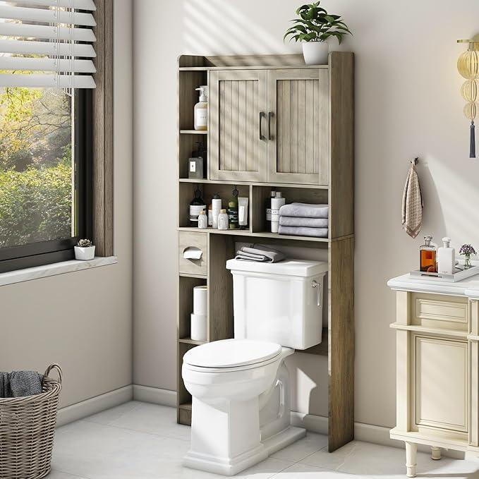 Farmhouse Storage Cabinet Over Toilet with 2 Barn Doors & Toilet Paper Holder Stand, Space-Saving Bathroom Rack - ModernBath