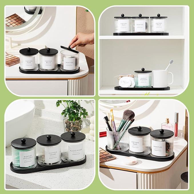 Vesici 6 Pack Bathroom Canisters Ribbed Apothecary Jars with Bamboo Lids 2 Bamboo Trays and 9 Label Stickers Cotton Swabs Holder Bathroom Organizer Storage Set Acrylic 18 oz Dispenser Container(Black) - ModernBath
