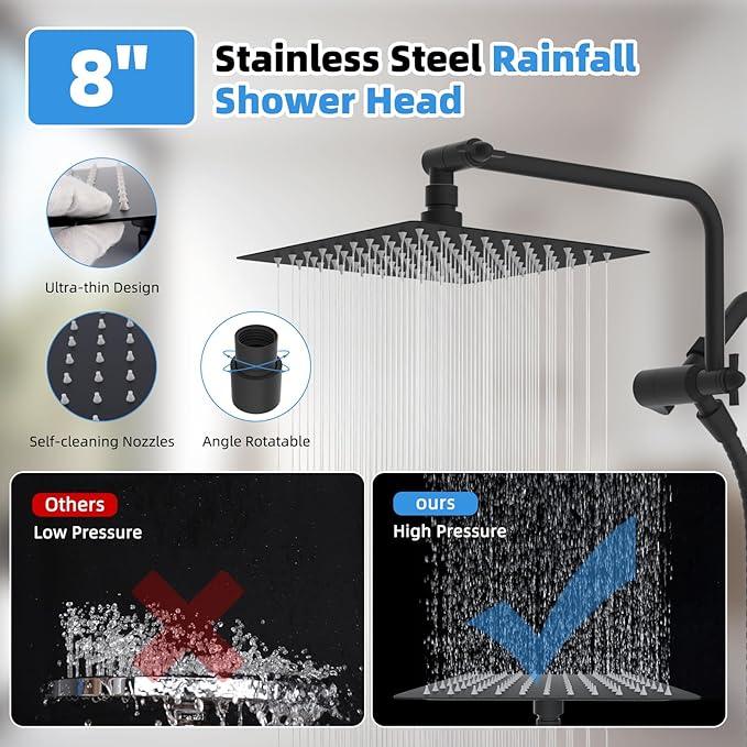 All Metal Shower Head, 8" High Pressure Rainfall/Handheld Shower Combo with 11" Extension Arm, 10-Spray Handheld Showerhead, 71" Long Hose, 3-Way Diverter Valve, Matte Black - ModernBath