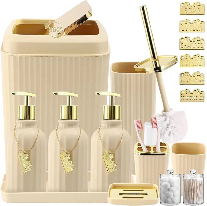 WSBArt 17PCS Bathroom Accessory Set Bathroom Set Beige Bathroom Accessories,Toilet Brush, Trash Can, Qtip Holder Dispenser& 3PCS Soap Dispenser - ModernBath