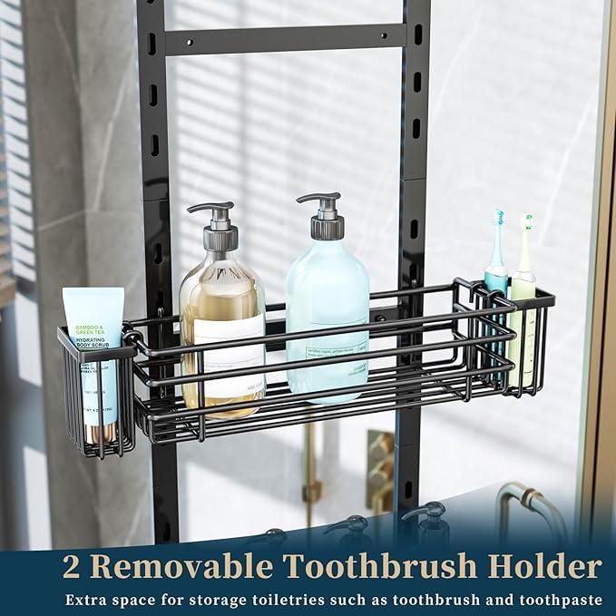 Consumest Over The Door Shower Caddy - 5 Tier Adjustable Shower Organizer Hanging with 2 Toothbrush Holders & 4 Hooks, Rustproof Organizer Shelf, Storage Rack for Bathroom, Black - ModernBath