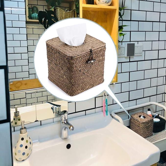 Sumnacon Tissue Box Cover Square Seagrass Tissue Box with Lid, Woven Tissue Box Holder Rustic Cube Tissue Cover for Bathroom Toilet Bedroom Living Room Kitchen Table Desk Office Car, Coffee - ModernBath