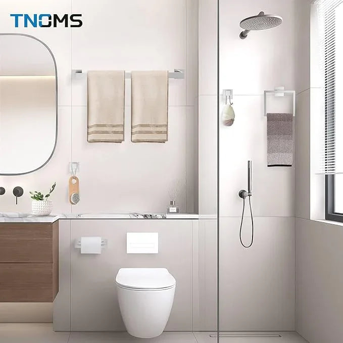 TNOMS Brushed Nickel Towel Bar Set,5-Piece Bathroom Hardware Set Includes Upgraded Double Base Paper Towel Holder Modern Square Towel Holder Set,Stainless Steel Wall Mount 23.6 Inch - ModernBath