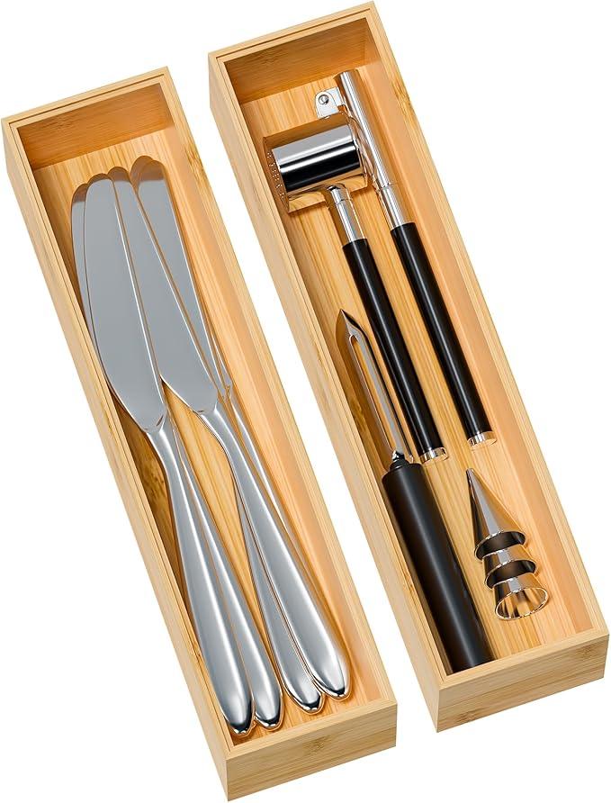 Kitchen Drawer Organizer Bins, Stackable Bamboo Deep Drawer Organizer for Silverware, Utensils, Cutlery, Flatware, Junk Drawer, Dresser, Bathroom, 12" x 3" x 2.5" (Set of 2) - ModernBath