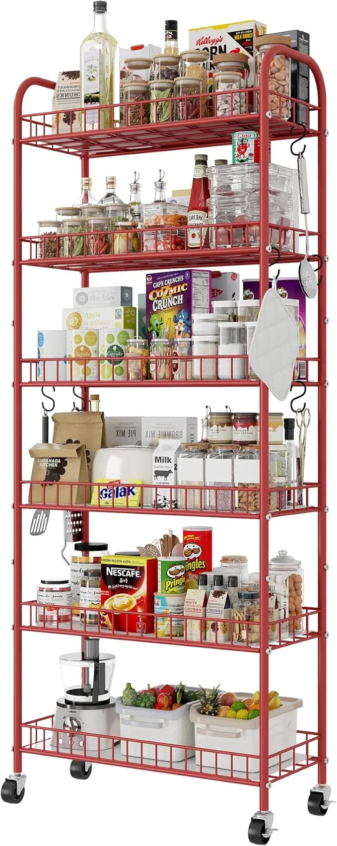 Slim Rolling Storage Cart, 6 Tier Metal Kitchen Rolling Utility Cart with Lockable Wheels for Kitchen, Bathroom, Laundry Room, Small Narrow Spaces (Red 10 Inches) - ModernBath