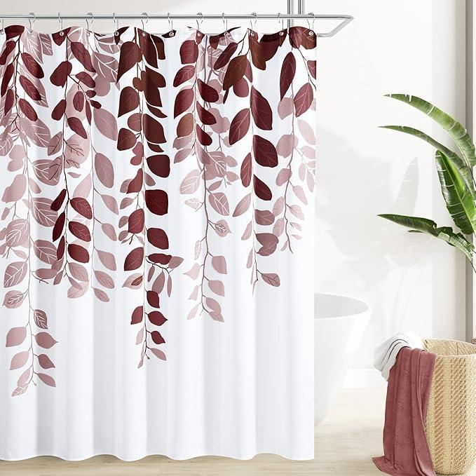 BOODII Dark Red Leaves Shower Curtain Set Burgundy Red Watercolor Eucalyptus Shower for Bathroom Botanical Nature Floral Plant Bath Curtain Natural Bathroom Decor 72x72 inch - ModernBath