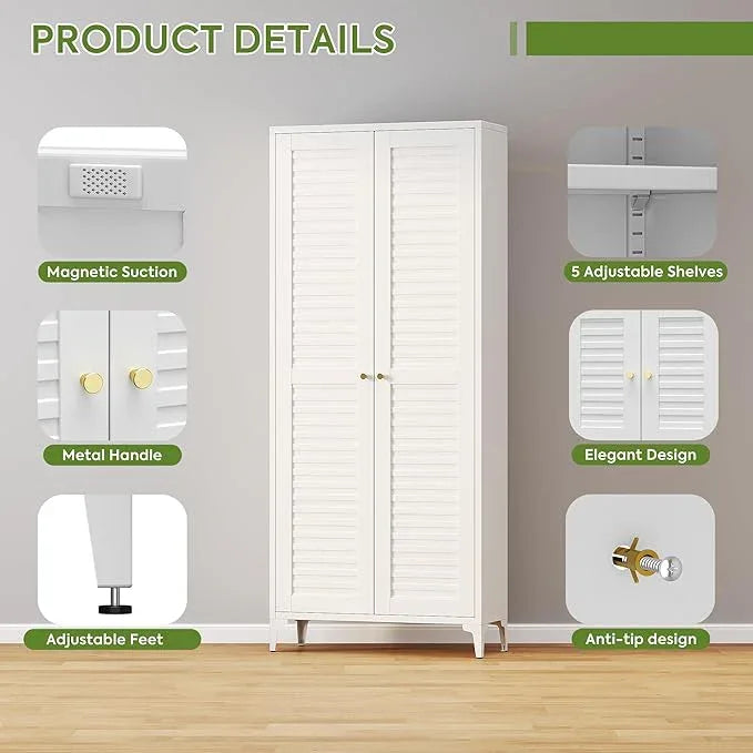 74" H Kitchen Pantry Storage Cabinet, Metal Storage Cabinets with 5 Adjustable Shelves for Kitchen Bathroom Living Room, Required Assembly, White - ModernBath