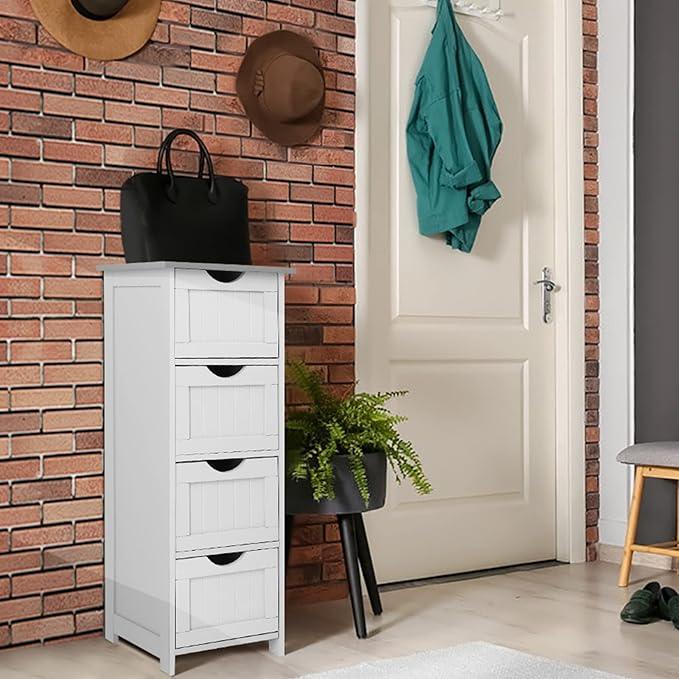 Bonnlo Skinny Bathroom Floor Storage Cabinet,White 12 Inch Wide Deep Small Storage Organizer with 4 Drawers, Wooden Modern Thin Free Standing Tower Cabinet w/ 4 Cute Drawers for Bathroom, Living Room - ModernBath