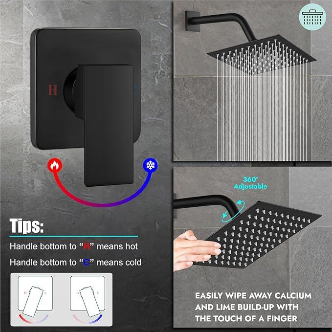 Heyalan 8 Inch Shower Head and Handle Set Square Shower Faucet Set Bathroom Rainfall Shower Faucet Set Stainless Steel Showerhead Single Function Shower Trim Kit,Male Thread Valve,Matte Black - ModernBath