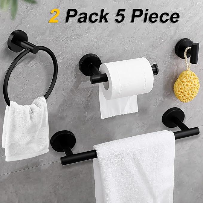 Cilee 10 Piece Matte Black Bathroom Accessories Set, 24inch Black Towel Bar Ring+Toilet Paper Holder+ Robe Towel Hook SUS304 Stainless Steel Bathroon Hardware Set - ModernBath