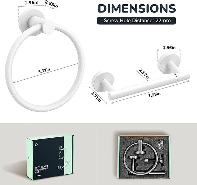 FORIOUS Toilet Paper Holder Wall Mount, SUS304 Stainless Steel Double Post Pivoting Tissue Roll Holder and Hand Towel Ring Set for Bathroom, RV, Bathroom Hardware Accessories Set, White - ModernBath