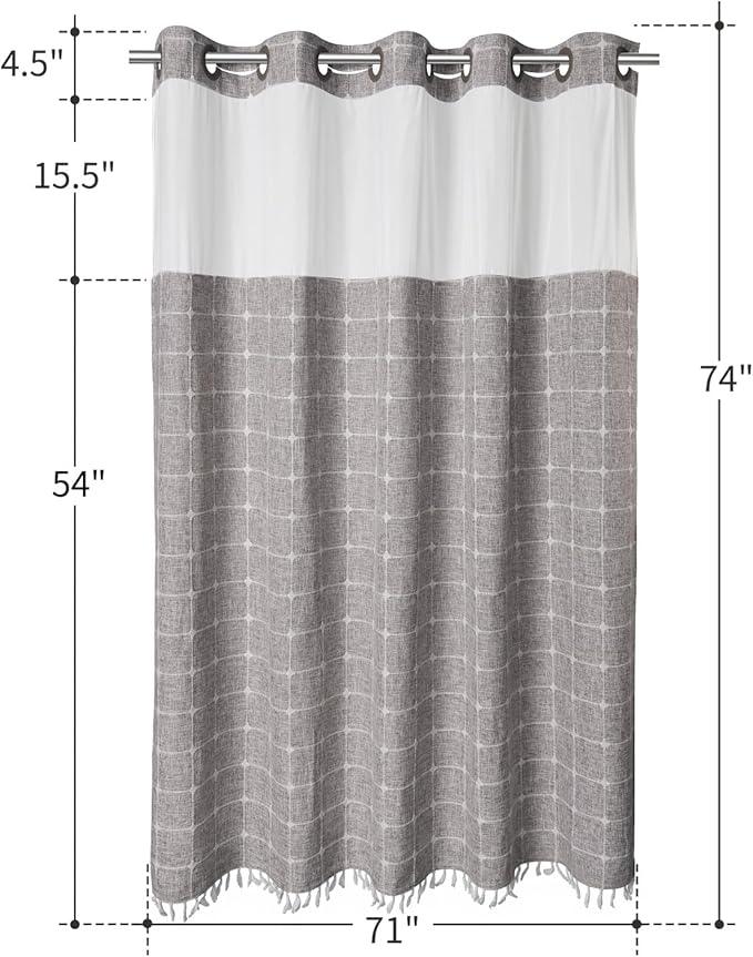 River Dream Farmhouse Khaki Shower Curtain with Snap-in Liner, No Hooks Shower Curtain Set, with Tassels for Bathroom Decor,Shower Curtain and Liner with Sheer Window 71x74 Inch - ModernBath