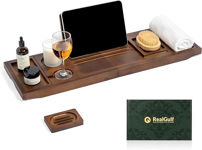 Realgulf Bamboo Bathtub Tray, Bath Caddy with Wine Glass Holder, Phone Dock & Book Stand | Hands-Free Reading & Ultimate Spa Relaxation Experience-Brown - ModernBath