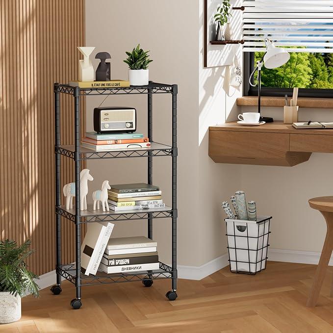 Small 4 Tier Shelves Storage Wire Shelving Unit Metal Shelf Adjustable Organizers Storage Shelving with Wheels for Bathroom Laundry Room Kitchen Pantry12”D x 18”W x 44.8”H Black - ModernBath