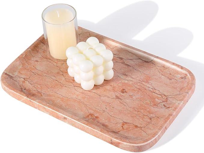 Karibiber Marble Vanity Tray, Bathroom Tray for Countertop, Decoration Dresser Organizer, Perfume, Jewelry Holder, Red Stone Serving for Kitchen Sink Storage(Spring Rose) - ModernBath