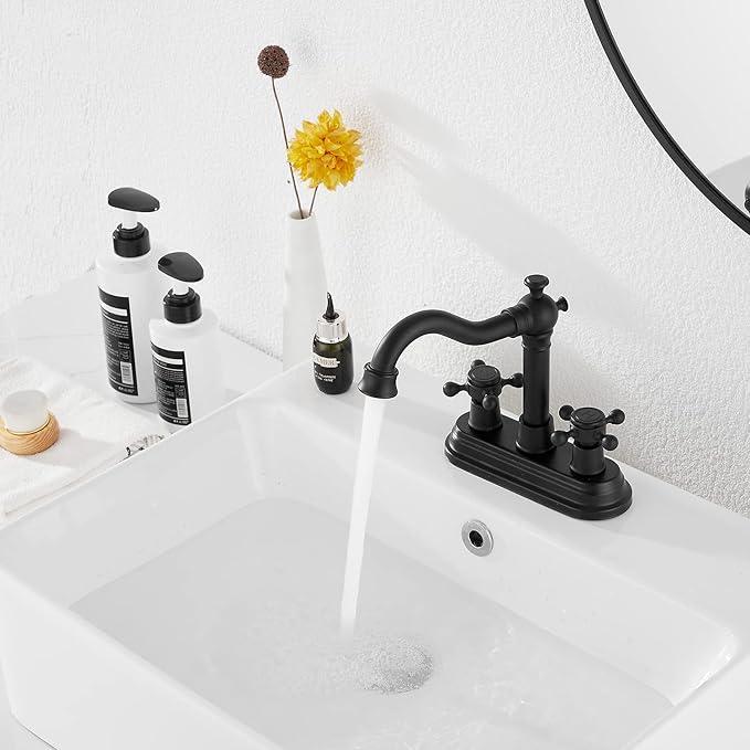 Bathroom Faucet Matte Black GGStudy 2 Handles 4 Inches Centerset Bathroom Vanity with Drain Assembly and Supply Hose Lavatory Faucet Mixer Double Handle Tap - ModernBath