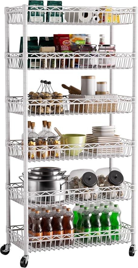6 Shelves Storage Shelf Wire Closet Bathroom Organizers Metal Pantry Kitchen Garage Shelving Unit Laundry Room Organization Home Rack Net Basket White with Wheels 30" Dx14 Wx65 H - ModernBath