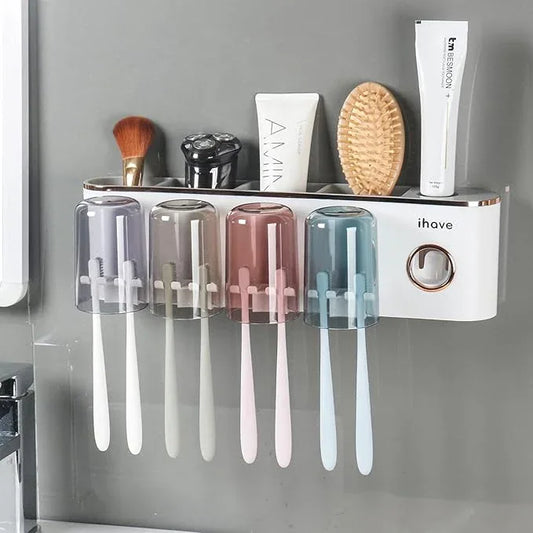 iHave Toothbrush Holders Bathroom Accessories with Toothpaste Dispenser, 4 Cups Toothbrush Holder Wall Mounted Bathroom Decor - ModernBath