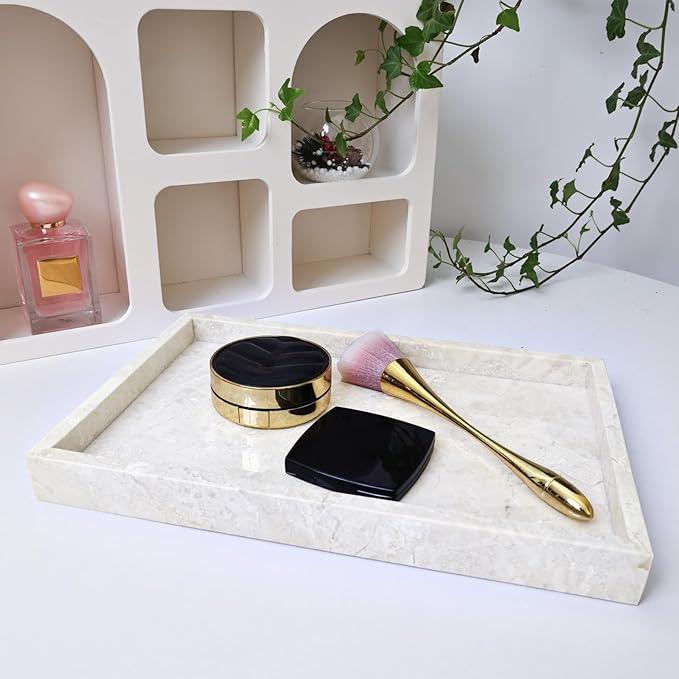Yew & Tulip Natural Marble Vanity Tray, Luxury Stone with Beige Textures Serving Tray for Bathroom, Kitchen, Vanity, Home Decor, Wedding etc. (12" x 8" x 1.2") - ModernBath