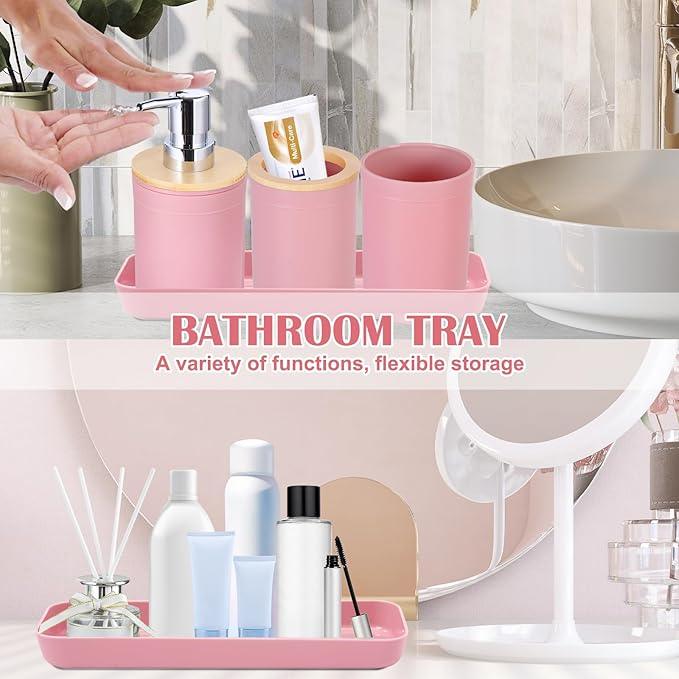 iMucci 9Pcs Pink Bathroom Accessories Set - with Trash Can,Toilet Brush,Toothbrush Holder, Lotion Soap Dispenser, Soap Dish,Toothbrush Cup,Qtip Holder,Tray - ModernBath