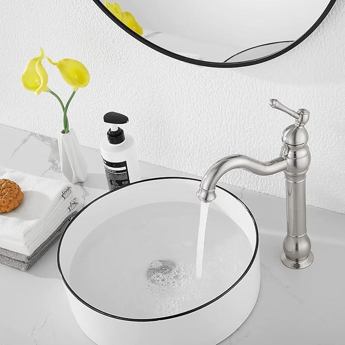 GGStudy 360° Swivel Single Handle One Hole Bathroom Vessel Sink Faucet Matching Pop Up Drain Without Overflow Brushed Nickel - ModernBath