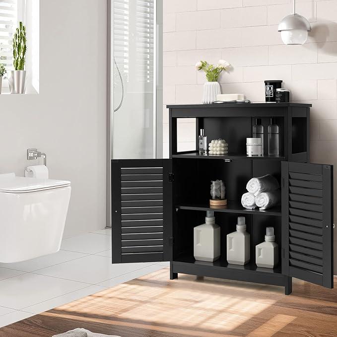 GLACER Bathroom Floor Cabinet, Wooden Storage Cabinet with Double Shutter Doors & 3-Position Adjustable Shelf, Side Storage Organizer, 23.5 x 12 x 31.5 inches (Black) - ModernBath