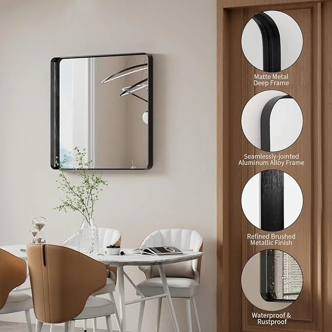 Koonmi Black Wall Mirror for Bathroom, 30x30 Inch Matte Deep Framed Rounded Rectangle Vanity Mirror for Farmhouse Living Room, Tempered Glass, Anti-Rust, Vertically or Horizontally - ModernBath