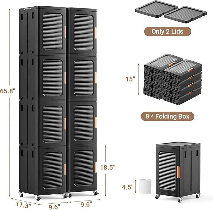 BROVIEW 8-Tier Tall Narrow Storage Cabinet Organizer, Slim Bathroom Cabinets with Adjustable Shelves and Doors, Plastic Kitchen Pantry Organizers and Storages for Small Space, Laundry, Black - ModernBath