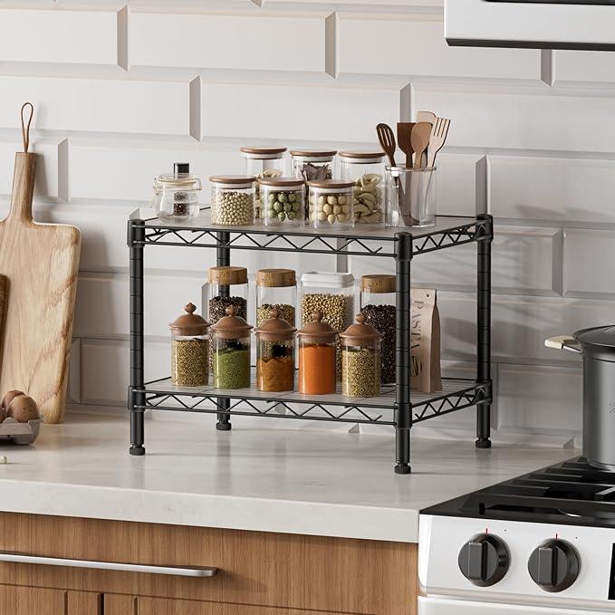 SINGAYE 2 Small Shelves Kitchen Storage Shelf Wire Shelving Unit Metal Shelf Adjustable Organizers Storage Shelving for Office Pantry Black 12" D X 18" W X 12" H - ModernBath