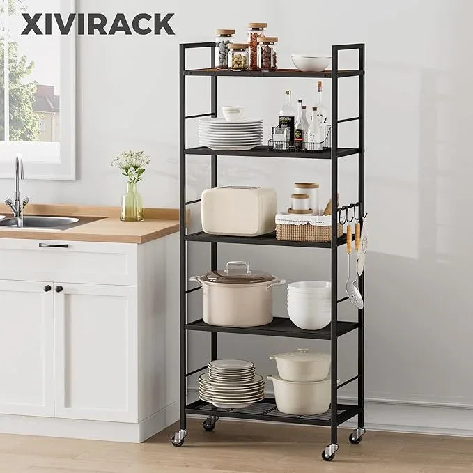 5-Tier Metal Storage Rack with Industrial Wheels,Mesh Shelving Unit with Wooden Table top,Adjustable Shelf,23.6-Inch Width,for Kitchen, Laundry,Pantry,Plant,Black - ModernBath