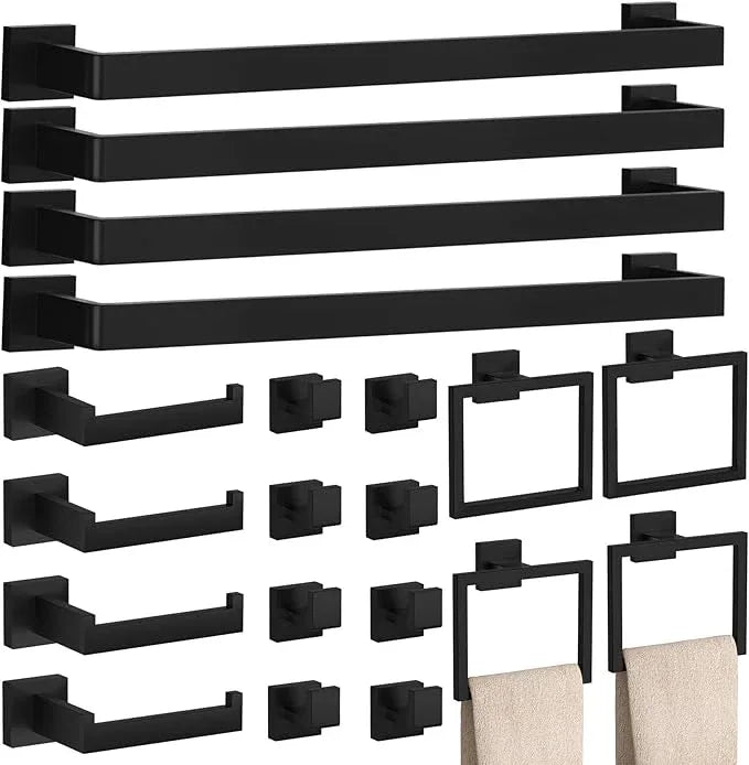 20-Piece Matte Black Bathroom Accessories Set – 23.6" Towel Bar, Towel Ring, Toilet Paper Holder & Hooks, Wall Mounted Bathroom Hardware, Rust & Corrosion-Resistant, Ideal for Modern Bathrooms - ModernBath
