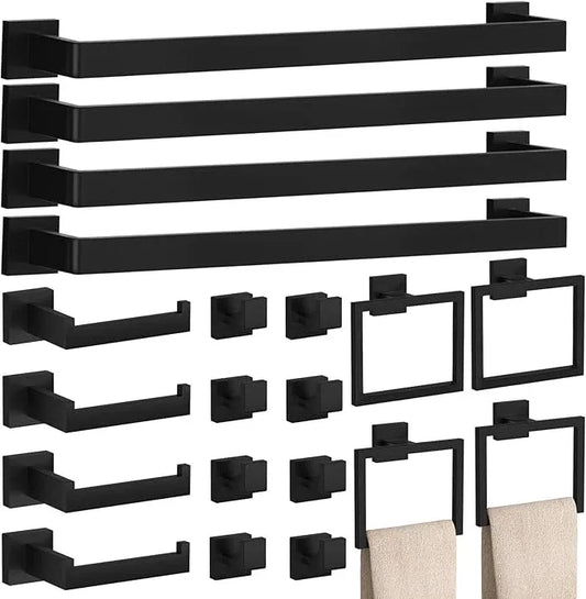 20-Piece Matte Black Bathroom Accessories Set – 23.6" Towel Bar, Towel Ring, Toilet Paper Holder & Hooks, Wall Mounted Bathroom Hardware, Rust & Corrosion-Resistant, Ideal for Modern Bathrooms - ModernBath