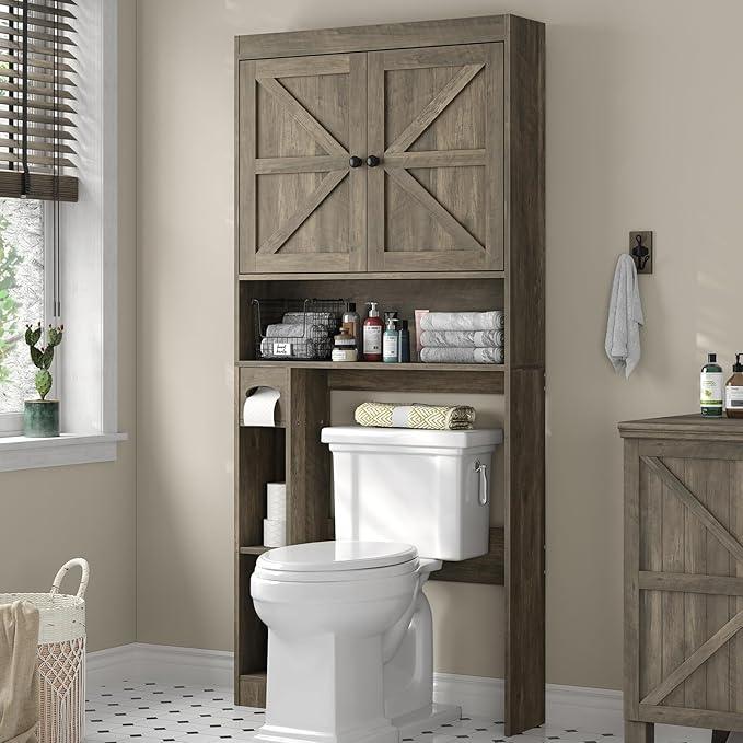Furnideco 32.3''W Over The Toilet Storage Cabinet with Barn Doors, Over Toilet Shelf Farmhouse Storage Cabinet Space Saver with Toilet Paper Holder & Adjustable Bottom Bar, Gray - ModernBath