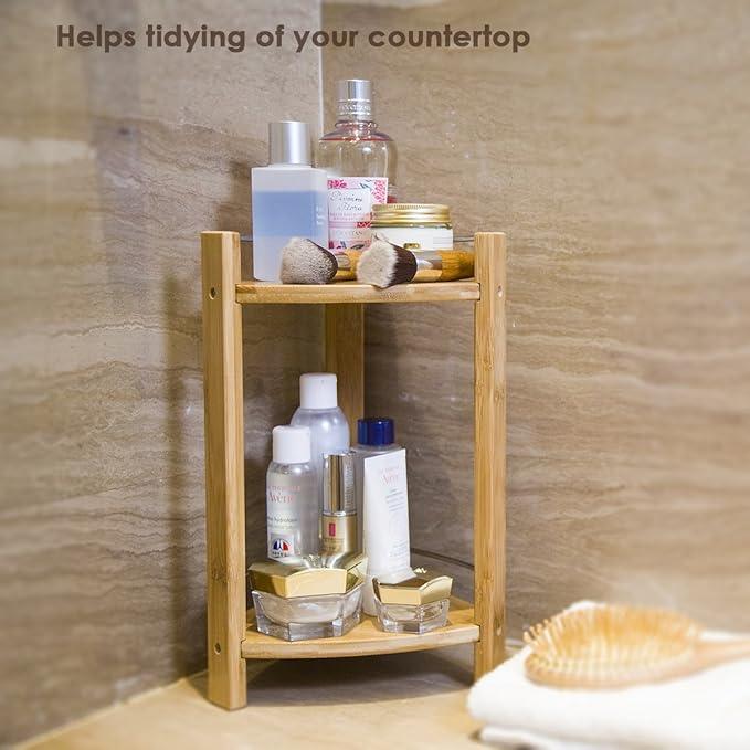 GOBAM Bamboo Shower Corner Caddy, Medium - 2 Tier Bathroom Organizer Countertop for Shampoo, Conditioner, Lotion, Soap - Standing Shower Stand for Kitchen, Bedroom, or Office - ModernBath
