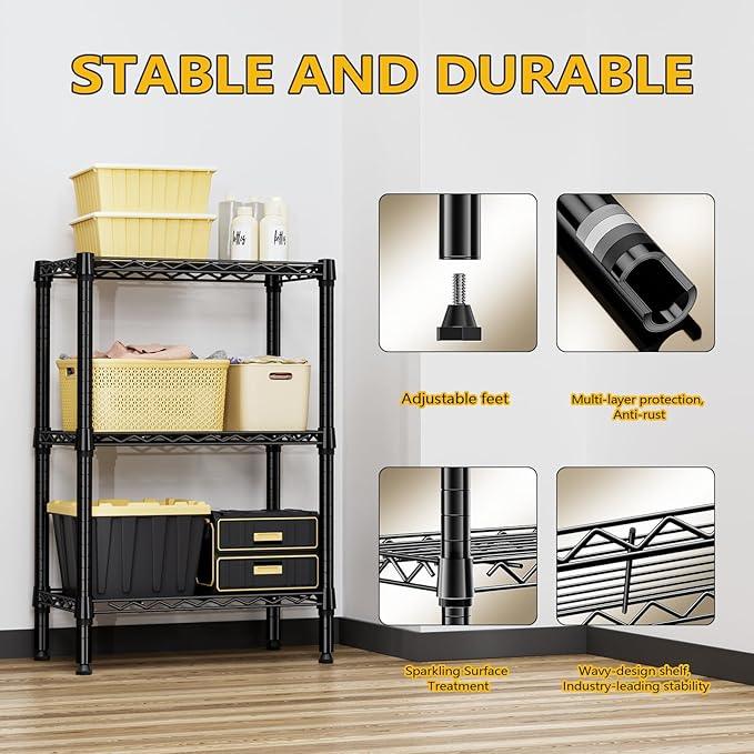750 lbs 3 Tier Shelf Metal Storage Shelves Shelving Wire Rack Heavy Duty Closet Organizers for Garage Kitchen Bathroom Laundry Black 13.8" D x 23.6" W x 35.5" H - ModernBath