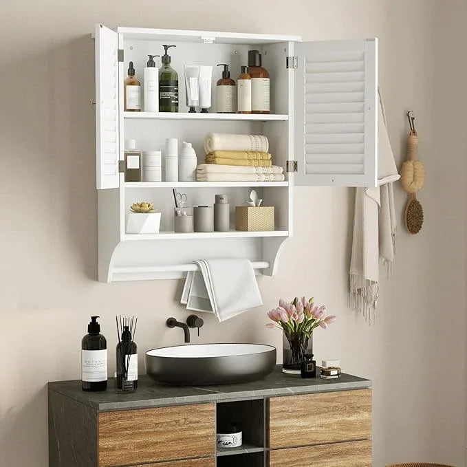 Giantex Wall Mounted Medicine Cabinet with 2 Louvered Doors, 3-Position Adjustable Shelf, Towel Bar, Above Toilet Space Saver (White) - ModernBath