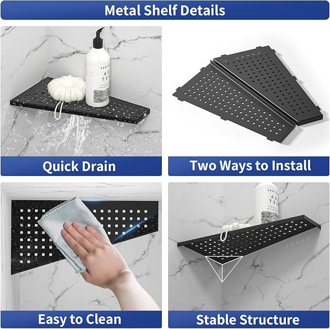 Corner Shower Shelf, Matte Black 12" 304 Stainless Steel Trapezoid Grout in Shelf with Grid Hollows Design, Recessed Bathroom Shelves for Tiled Wall Retrofit, 2 Pack - ModernBath