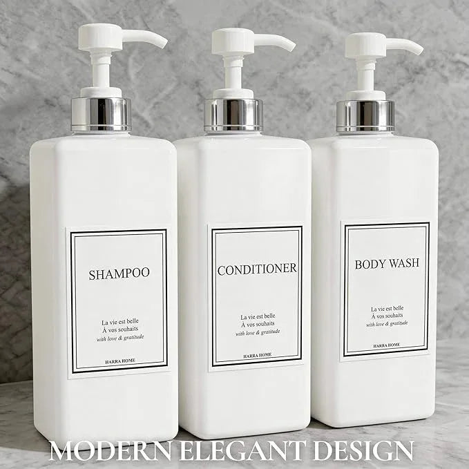 Shampoo and Conditioner Dispenser - Modern Design Large 27oz Shower Soap Dispenser Set of 3, Refillable Empty Plastic Pump Bottles for Bathroom, 6 Waterproof Labels Included, White & Silver - ModernBath