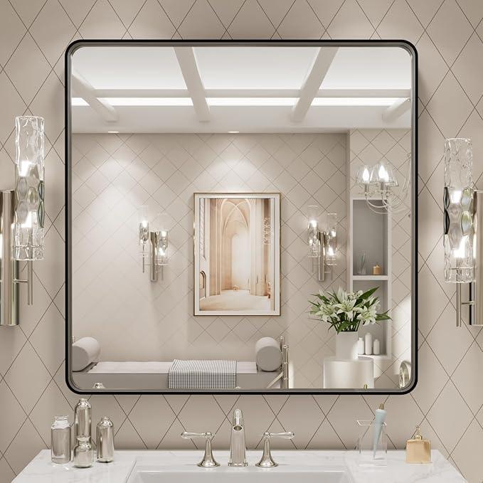 LOAAO 30x30 Inch Black Metal Framed Bathroom Mirror for Wall, Matte Black Bathroom Vanity Mirror Farmhouse, Large Rounded Rectangle Mirror, Anti-Rust, Hangs Horizontally or Vertically - ModernBath