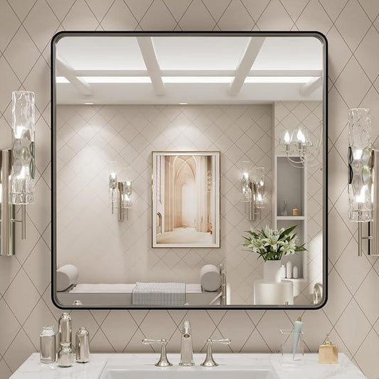 LOAAO 30x30 Inch Black Metal Framed Bathroom Mirror for Wall, Matte Black Bathroom Vanity Mirror Farmhouse, Large Rounded Rectangle Mirror, Anti-Rust, Hangs Horizontally or Vertically - ModernBath
