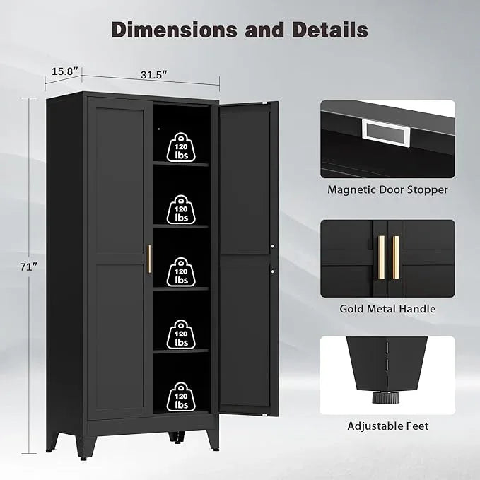 71” Tall Pantry Storage Cabinet, Kitchen Cabinets, Metal Cupboard with 4 Adjustable Shelves for Dining Room, Bathroom, Living Room - ModernBath
