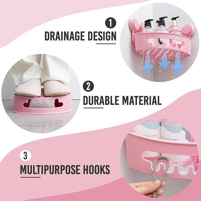TAILI Corner Shower Caddy with Suction Cups, Wall Mounted Organizer Plastic Rack for Small Bathrooms, Kitchen, Removable Drill-Free Heavy Duty Shelf Basket, PINK - ModernBath