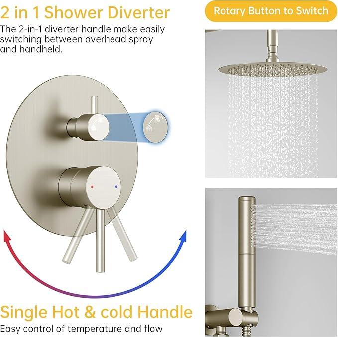 BESy Shower System with 10 Inch Round Rain Shower Head and Handheld Wall Mounted, High Pressure Rainfall Shower Faucet Fixture Combo Set with 2 in 1 Handheld Showerhead for Bathroom, Brushed Nickel - ModernBath