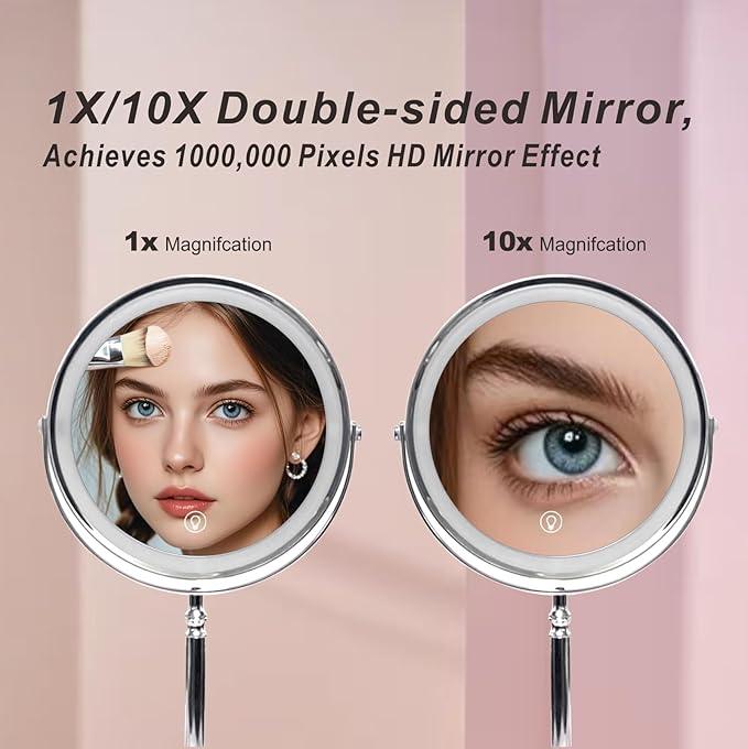 Creocasy Makeup Mirror with Lights ，8 Inch 1X/10X Rechargeable Double Sided Magnifying, 360° Rotation LED HD Mirror with 3 Colors，Brightness Adjustable, Gifts for Wowen & Men - ModernBath