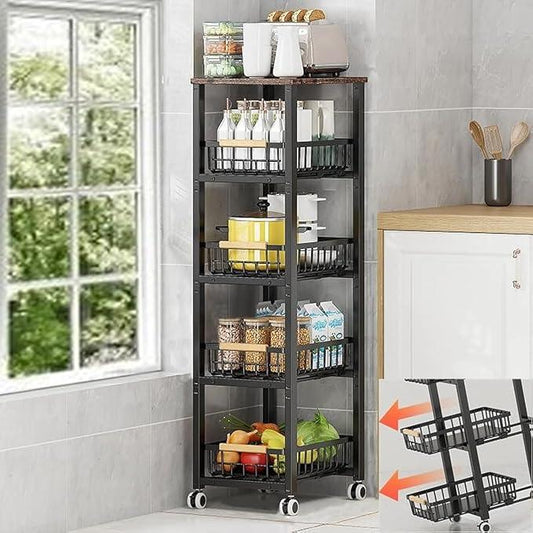Metal Wire Baskets with Wheels, Stackable Storage Bins Kitchen Organizer Shelf, Multi Layer Fruit Vegetable Cart Dishes Seasonal Rack Freestanding with Pull Out Slide Drawer - ModernBath