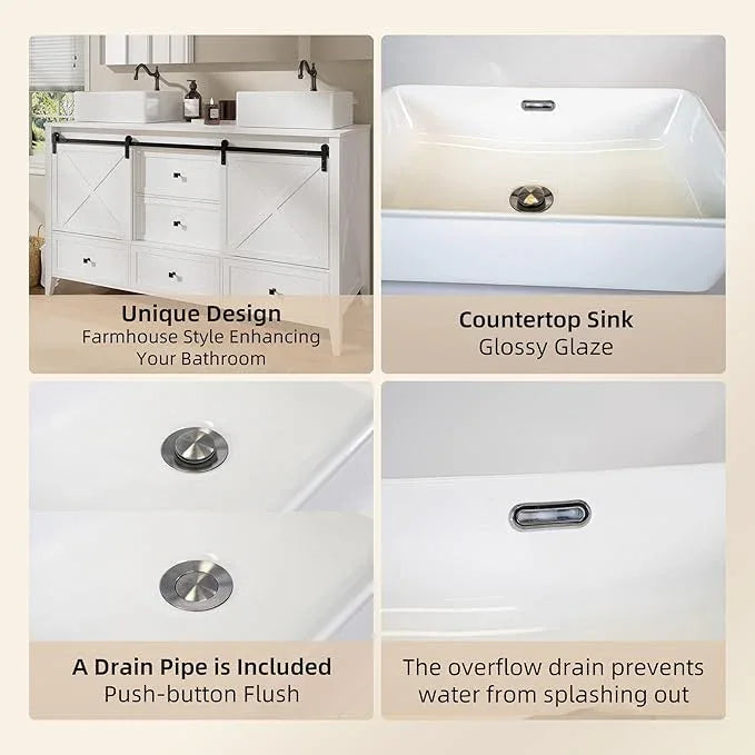 VNN Bathroom Vanity with Sink - 60 Inch Bathroom Vanity Double Sink Ceramic, Freestanding Cabinet with 2 Farmhouse Sliding Barn Doors and 5 Drawers, Space-Saving Storage Cabinet, White Wood Grain - ModernBath