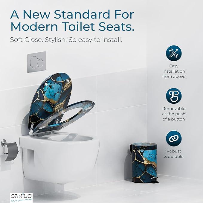Sanilo Wooden Toilet Seat with Quick Release & Soft Close [ROUND] - Decorative & Slow Close Molded Wood Seat - With One Click for Easy Installation & Cleaning - With Adjustable Fit (Marble Cobalt) - ModernBath