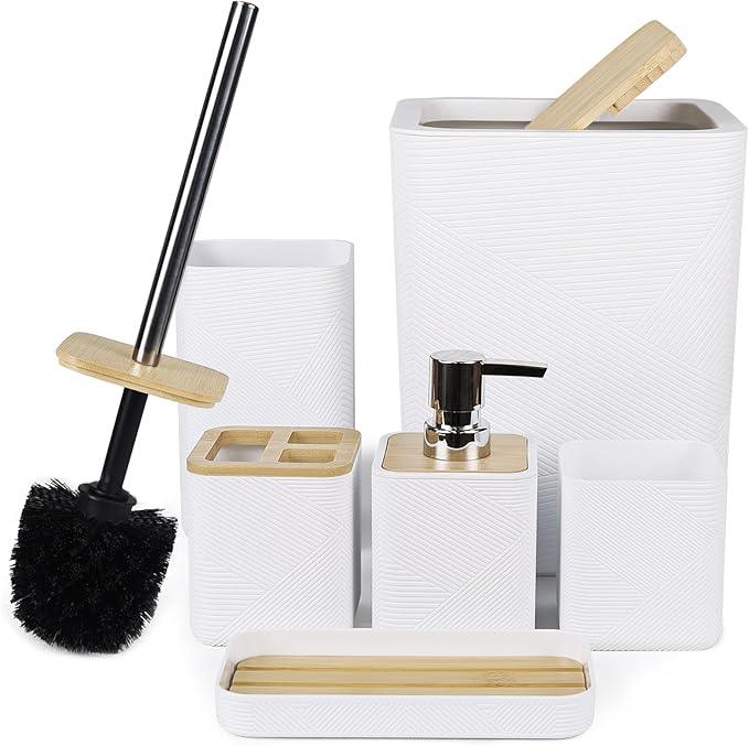 CERBIOR Bathroom Accessories Set 6 Piece Bamboo Bath Ensemble Includes Soap Dispenser, Toothbrush Holder, Toothbrush Cup, Soap Dish for Decorative Countertop and Housewarming Gift (White) - ModernBath